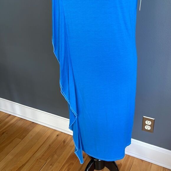 Three Dots royal blue wide side/shoulder ruffle stretch jersey sleeveless midi. - Picture 3 of 8